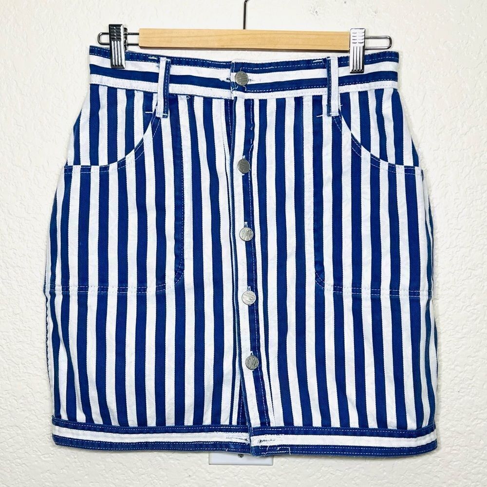 Gitano Vintage 80’s Jean Skirt Reversible Blue White Stripes Floral Print Size S